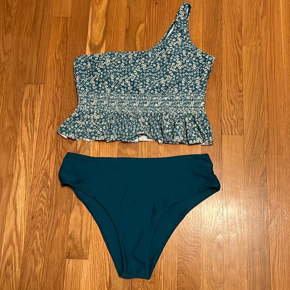 ZAFUL teal and cream floral one‎ shoulder high waisted bikini set size XL